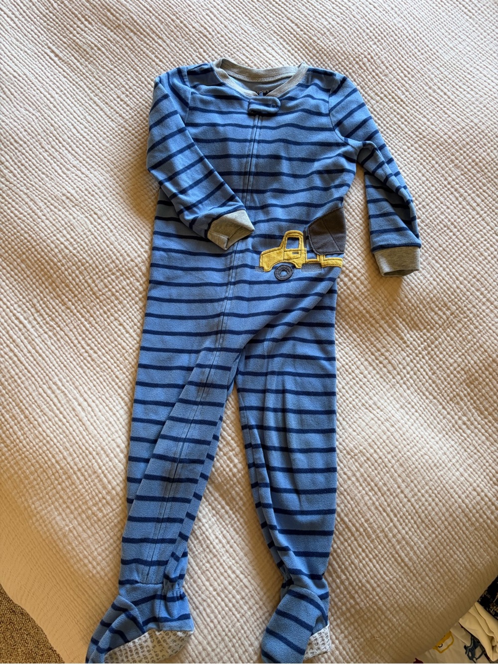 Blue Striped  Footed Pajamas with Yellow Truck
